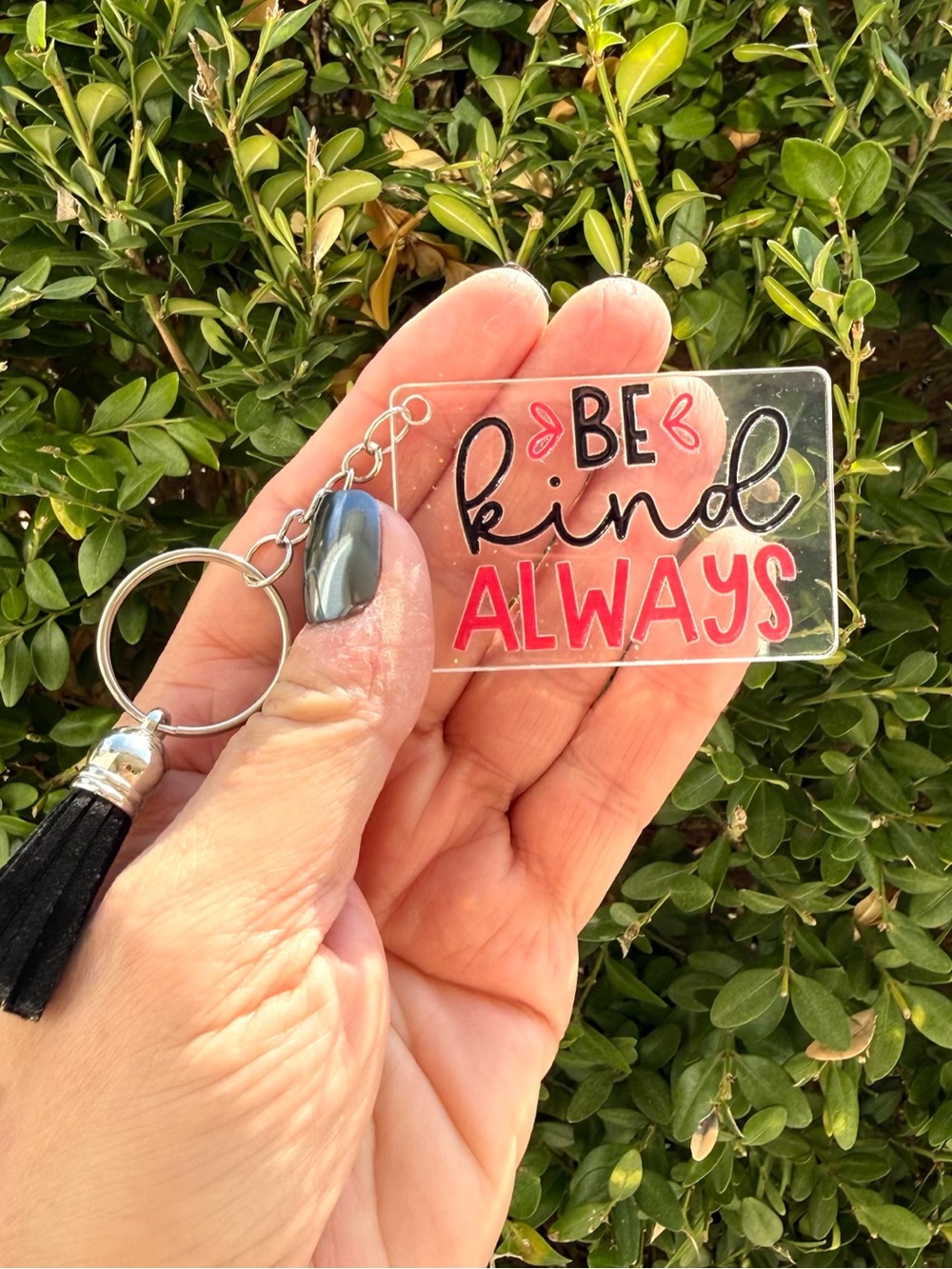 NEW! Hand crafted clear acrylic keychain with faux leather tassel
